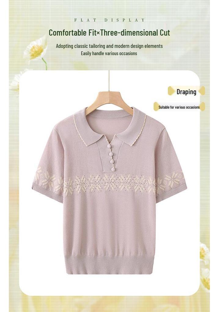 Mom's Stylish Ice Silk Lapel T-shirt - Summer Short-Sleeve, 50s/60s Retro Style for Middle-Aged Women (2026)