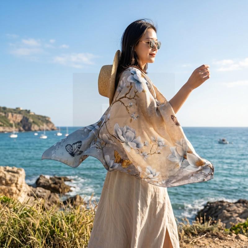 19 Momme Silk Square Scarf Double-sided Floral Shawl Women 106x106CM