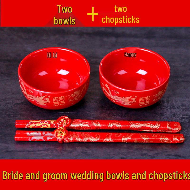 Festive Newlywed Ceramic Bowl & Chopstick Set: Happy Bowls & Red Soup Spoon for Wedding Banquet Tableware