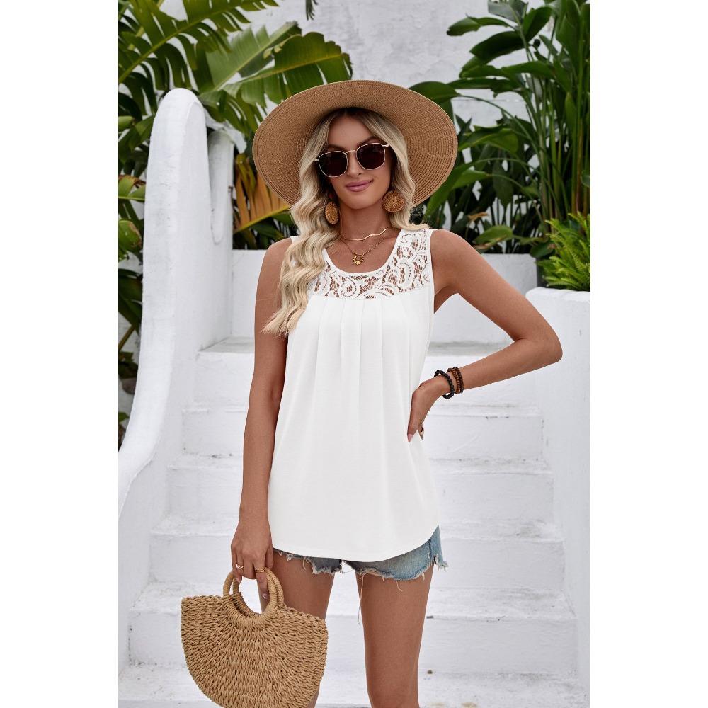 Women s Lace Neck Pleated Sleeveless Tank Top Casual Rayon Blend Round Neck Blouse S