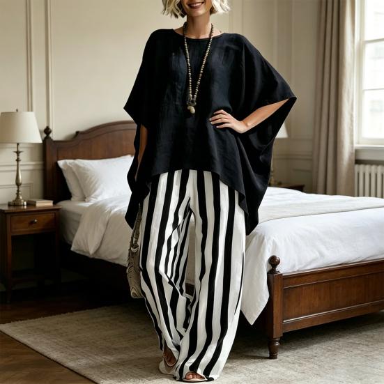 Women T-shirt Pants Two Piece Set Summer O-Neck Short Batwing Sleeves Shirt Striped Trousers Loose Casual Top Pants Suit