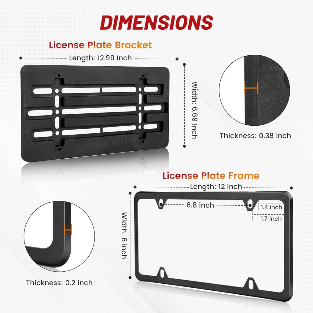 RED WOLF License Plate Bracket Holder With Stainless Steel Plate Frame Kit, Front Bumper Universal Fit Vehicles Truck Mount Holder Adapter Tag Lock