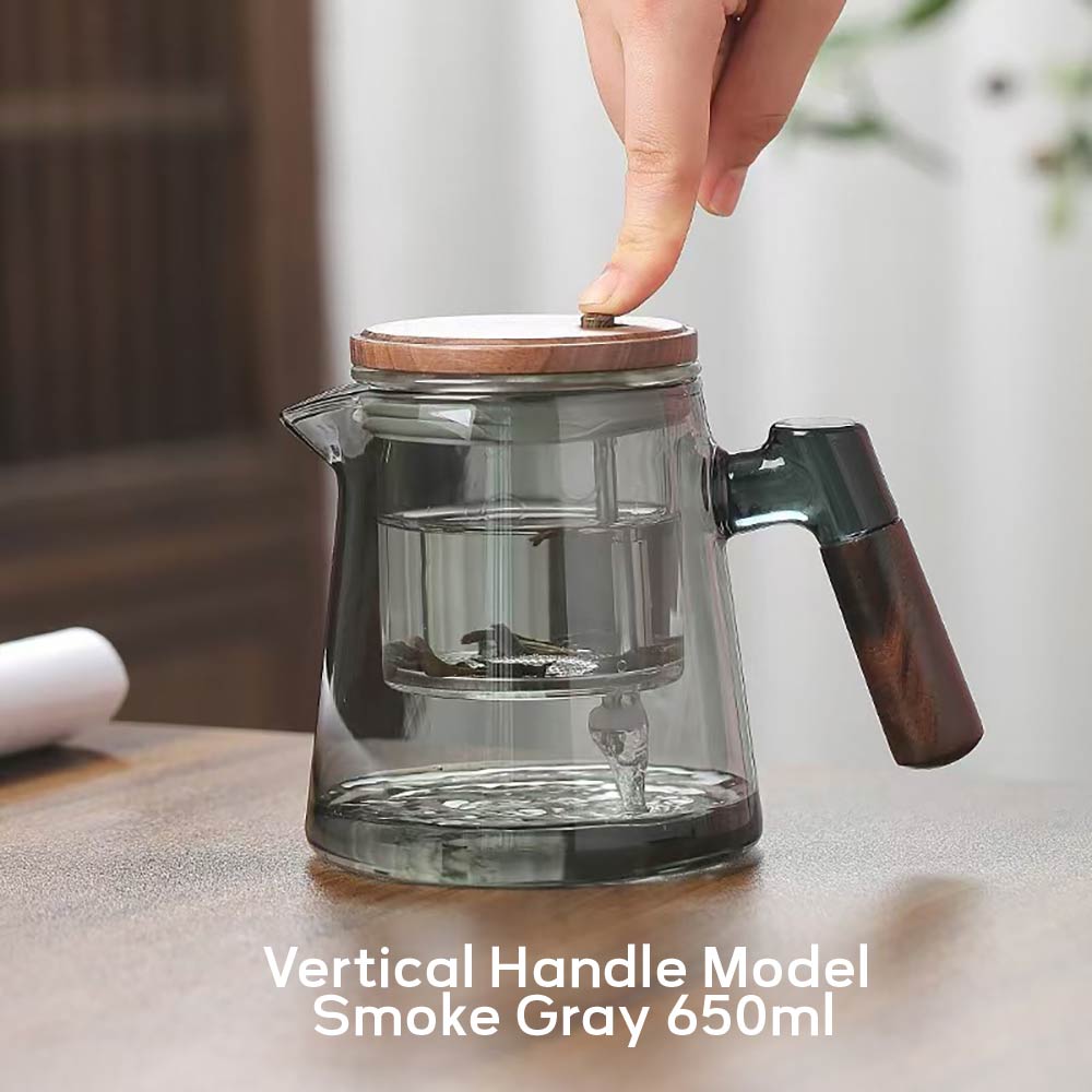 650ML Glass Tea Pot Kettle Infuser One Click Switch Heat-resistant Teapot Water Separation Inner Tea Filtration Wooden Handle