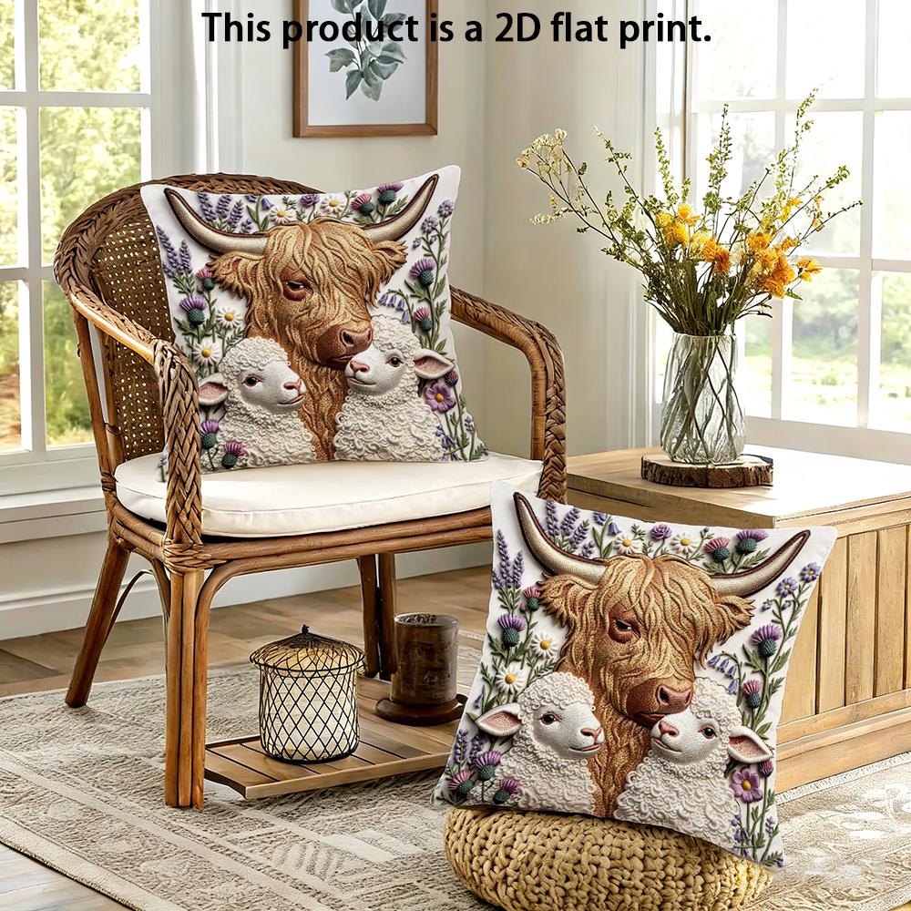 2pcs Highland Cow and Lambs Floral Throw Pillow Cover 2D Flat Print Farmhouse Soft Cushion Case for Home Sofa Decor