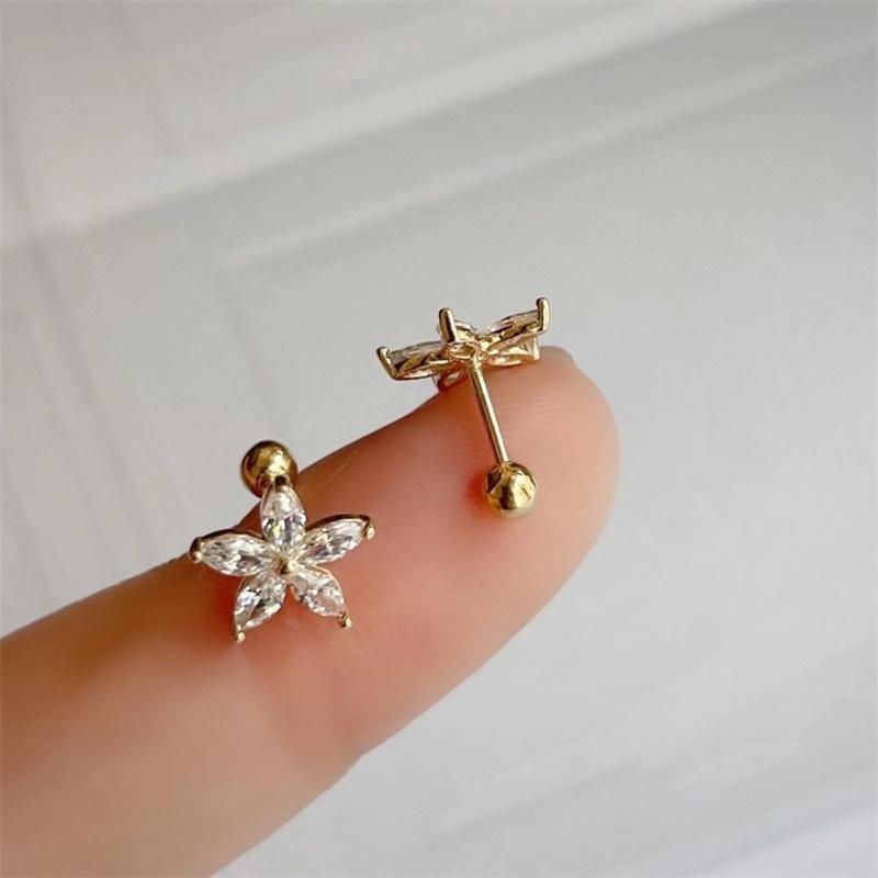 Real 925 Sterling Silver Fashion Sweet Flower Bead Screw Stud Earrings for Women Wedding Fine Jewelry