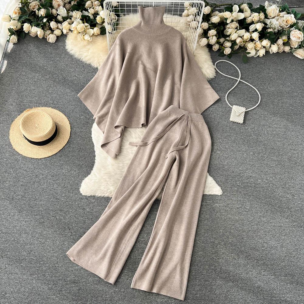 

Осенняя одежда в стиле ретро в гонконгском стиле, свитер нестандартной формы с высоким воротником, топы с высокой талией, тонкие повседневные длинные брюки, комплект из двух предметов