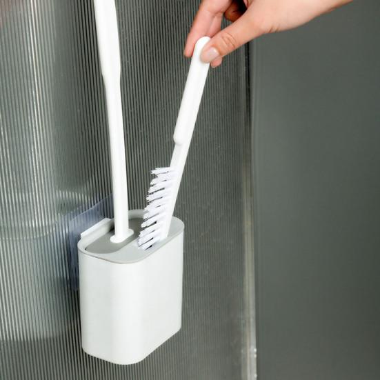 Silicone Toilet Brush Set with L-Shaped Head Long Non-Slip Handles Wall Mounted Holder Compact Bowl Cleaner Brush