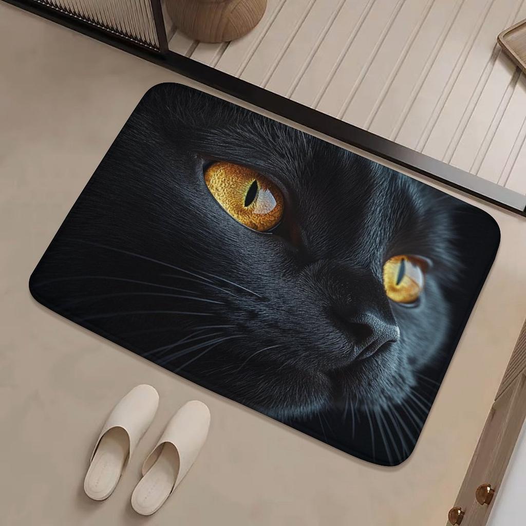 Black Cat Door Mat – Realistic Cat Eyes Design, Dramatic Pet Portrait Entryway Mat for Bathroom, Bedroom, Living Room