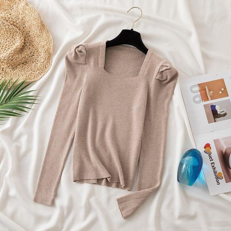 Elegant Square Neck Autumn Sweater Women 2023 Puff Long Sleeve Knitted Pullovers Casual Jumper Fashion Solid Knitwear Women Short Tops 22925