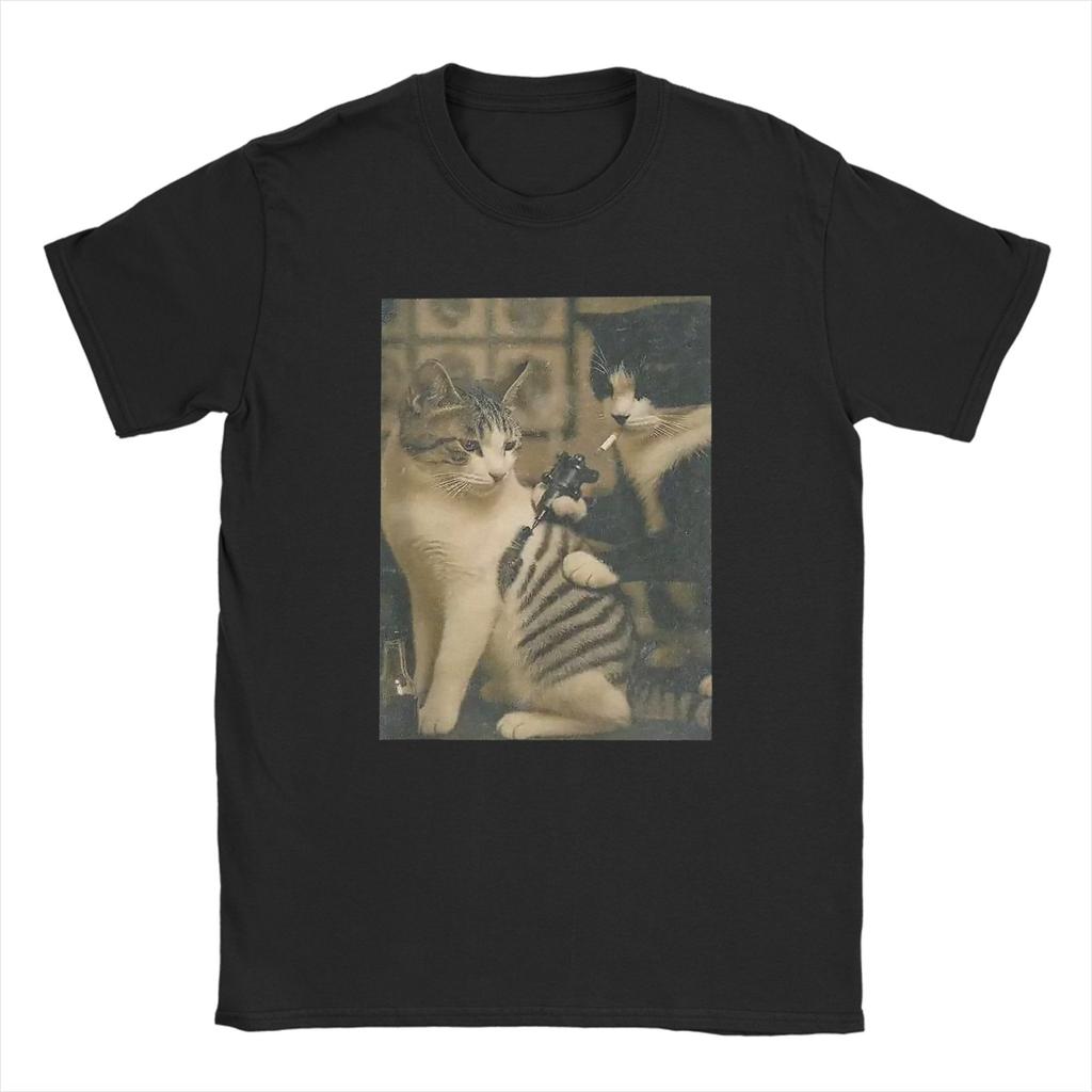 Funny cat Tattoo T Shirt Summer Harajuku TShirts Men Cotton O Neck Plus Size Clothing Short Sleeve Vintage Tops