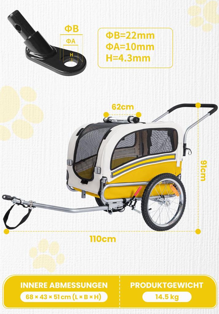 Sepnine 20303B 2-in-1 Pet Bicycle Trailer 30 Kg (66 Lbs) Max Load Safety Leash & D-Ring Design Comfortable for Medium Dogs and Household Pets