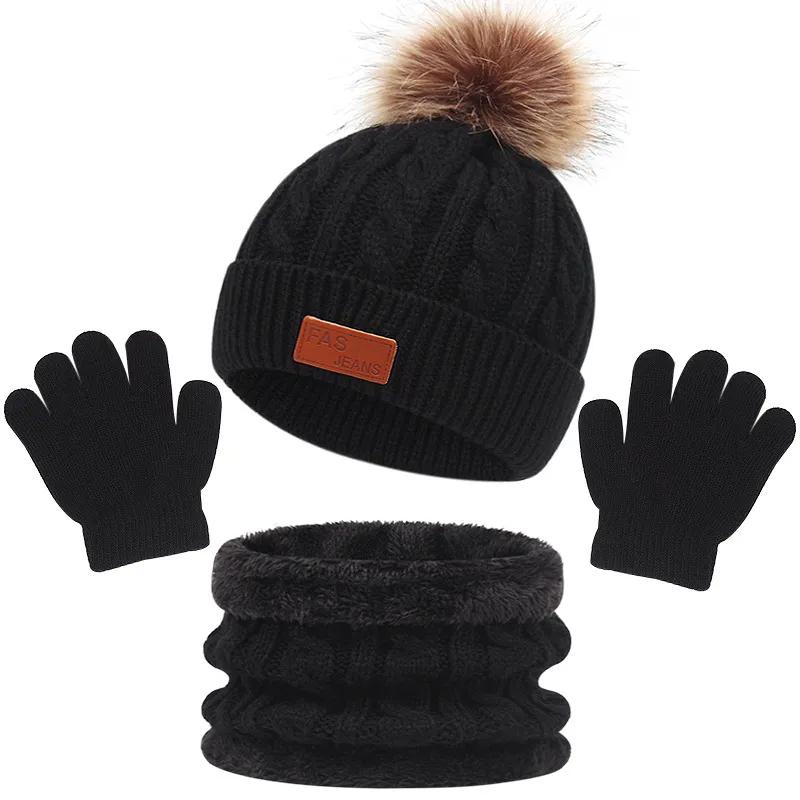 3 STÜCKE Niedliche Bommel Strickmützen Winter Baby Mütze Schal Handschuhe Set Einfarbig Kleinkind Mütze Outdoor Warm Säuglingszubehör 1-5J