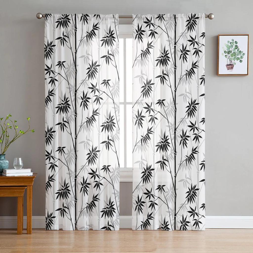 Green Bamboo Butterfly Chinese Style Tulle Sheer Curtains for Living Room Decor Window Curtain for Bedroom Voile Organza Drapes
