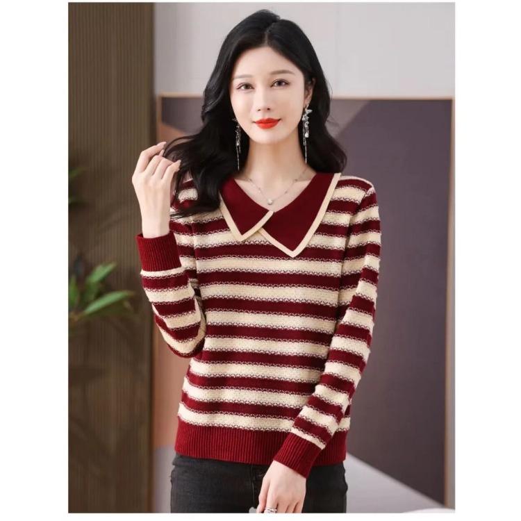 Spring and Autumn Women's Jacquard Lapel Striped Sweater Knitted Sweater Loose Base Sweater