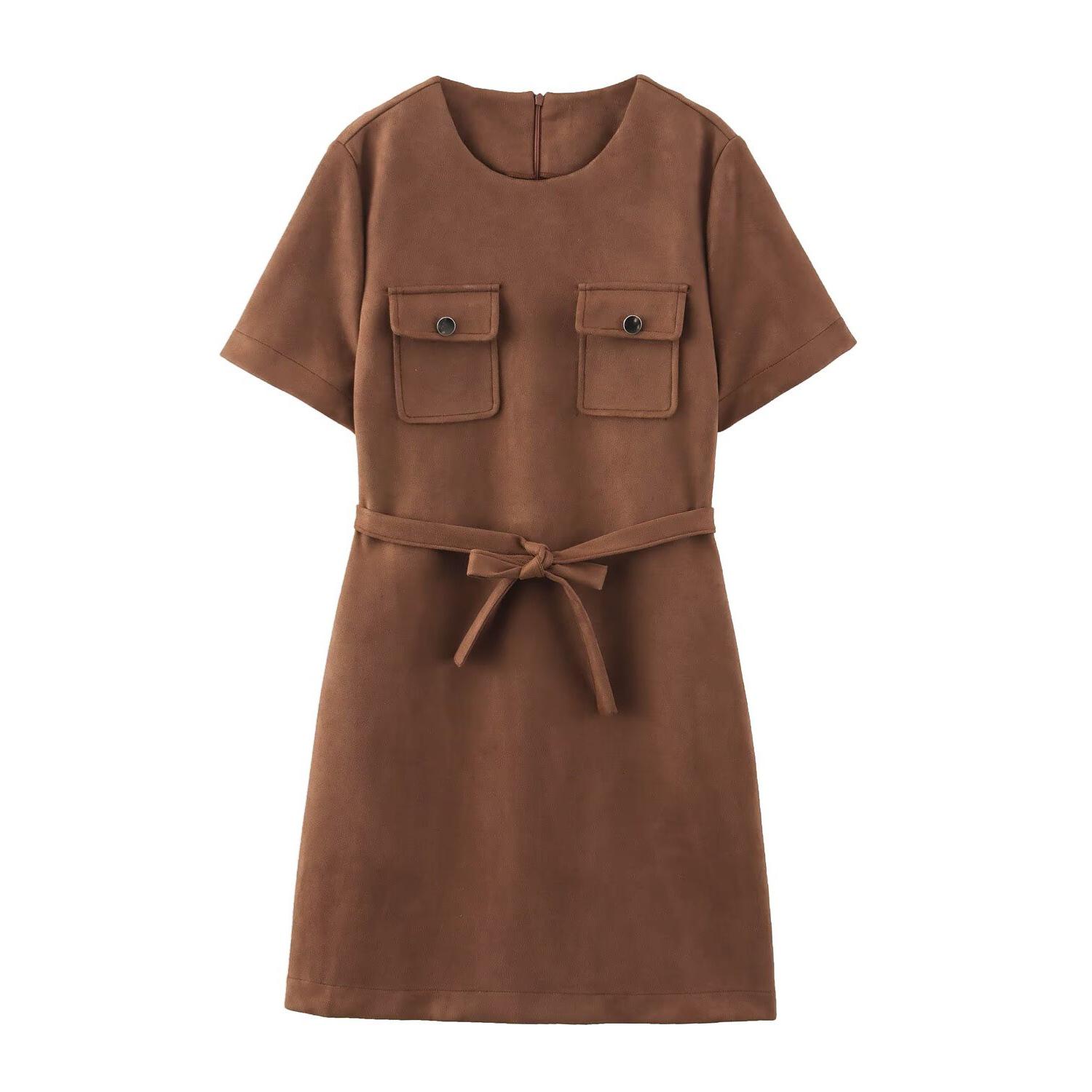 

TAOP&ZA Spring/Summer Women s Suede Texture Belted Commuter Dress Extra Small темно-коричневого кольору
