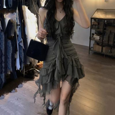 Karrcat gótico volantes vestido Hada Grunge vendaje Mini vestido sin mangas Irreular cuello en V pastel vestido Emo Alt ropa Vintage gótico