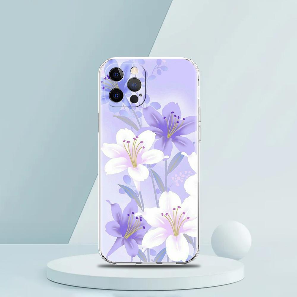 For iPhone 15 16 14 13 12 Mini 11 Pro Max XS X XR SE 7 8 Plus Silicone Clear Cover Beauty Flowers Leaves Luxury Phone Case
