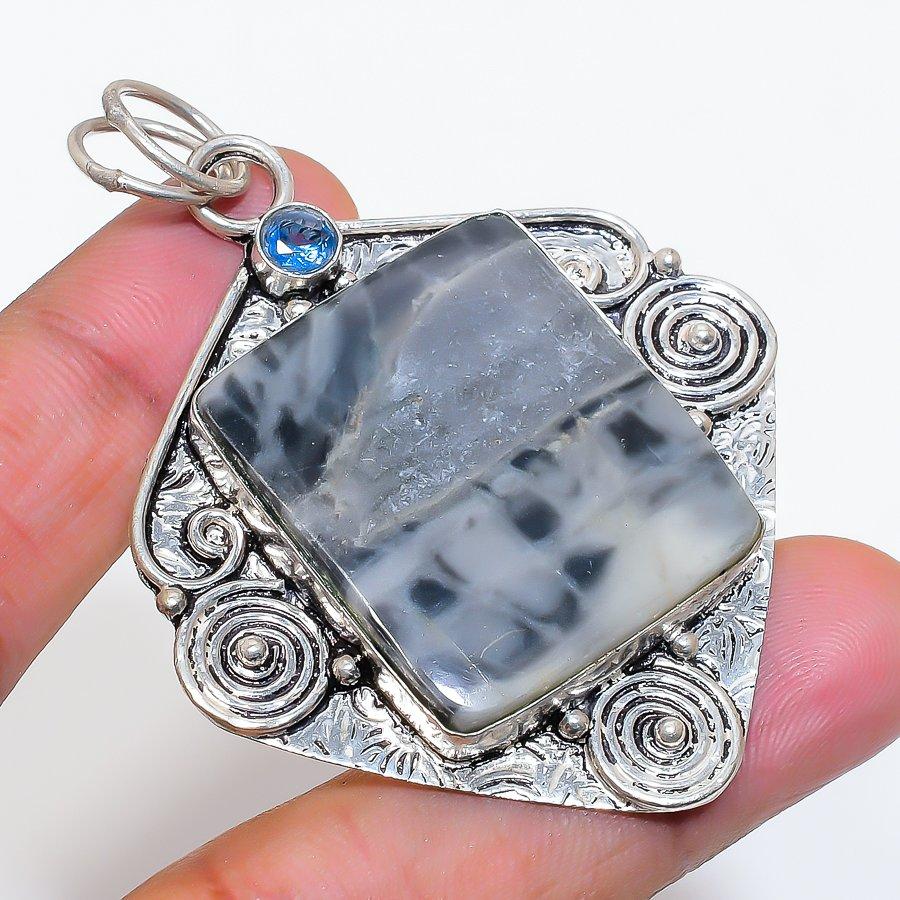 Natural Maligano Jasper, Topaz 925 Sterling Silver Jewelry Pendant 2.56" ZS-76