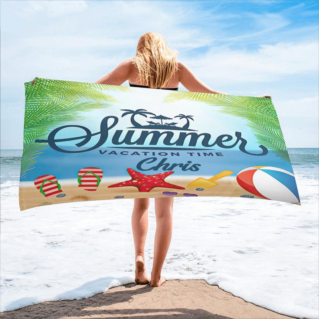 Custom Name Beach Towel Personalized Seaside Summer Beach Print Bath Towel for Kids Women Men Bath Towels for Travel Camp Swim