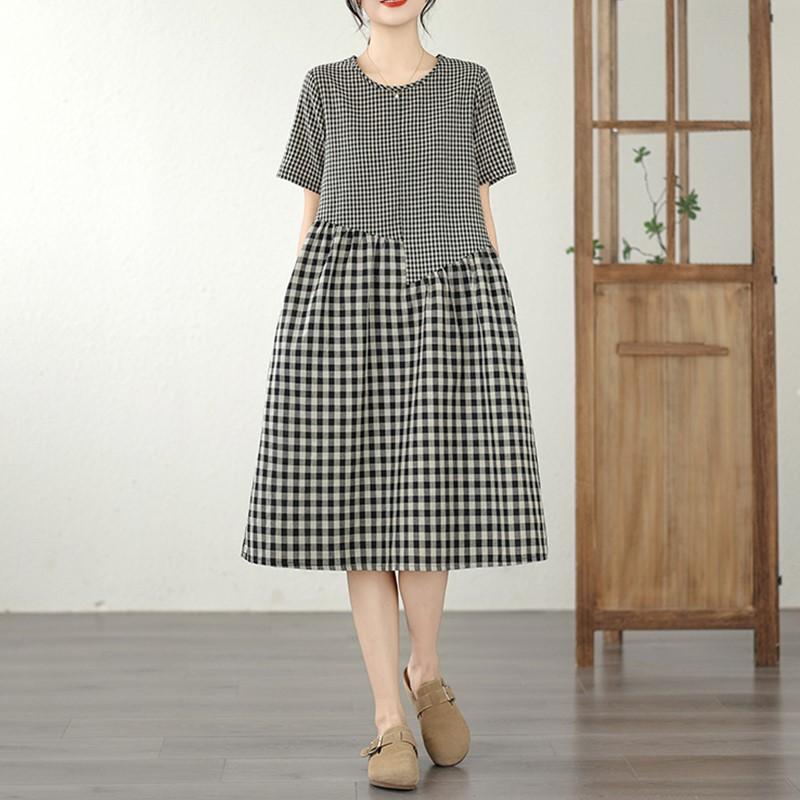 

Короткий рукав Большой размер Хлопок винтаж Клетка новый в платья для женщин повседневные свободные миди летнее платье M