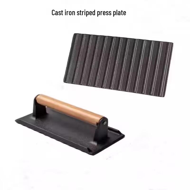Rectangular Cast Iron Grill Press with Thick Wooden Handle - No Coating Default