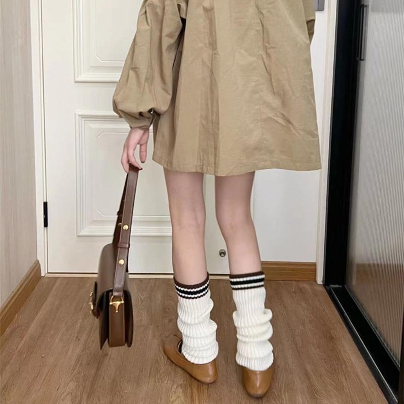 Student Vintage Double Striped Ribbed Knit Leg Warmers Slouch Leg Covers Boot Cuffs Stretchy Long Boot Socks for Women