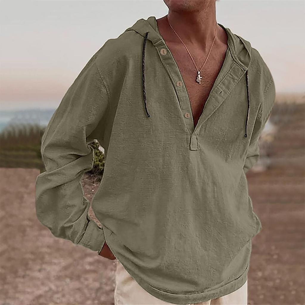 Men's Long Sleeve Tops Fashion V Neck Button Up Hoodie 2025 Casual Fit Hooded Pullover Tops Spring Fall Clothes