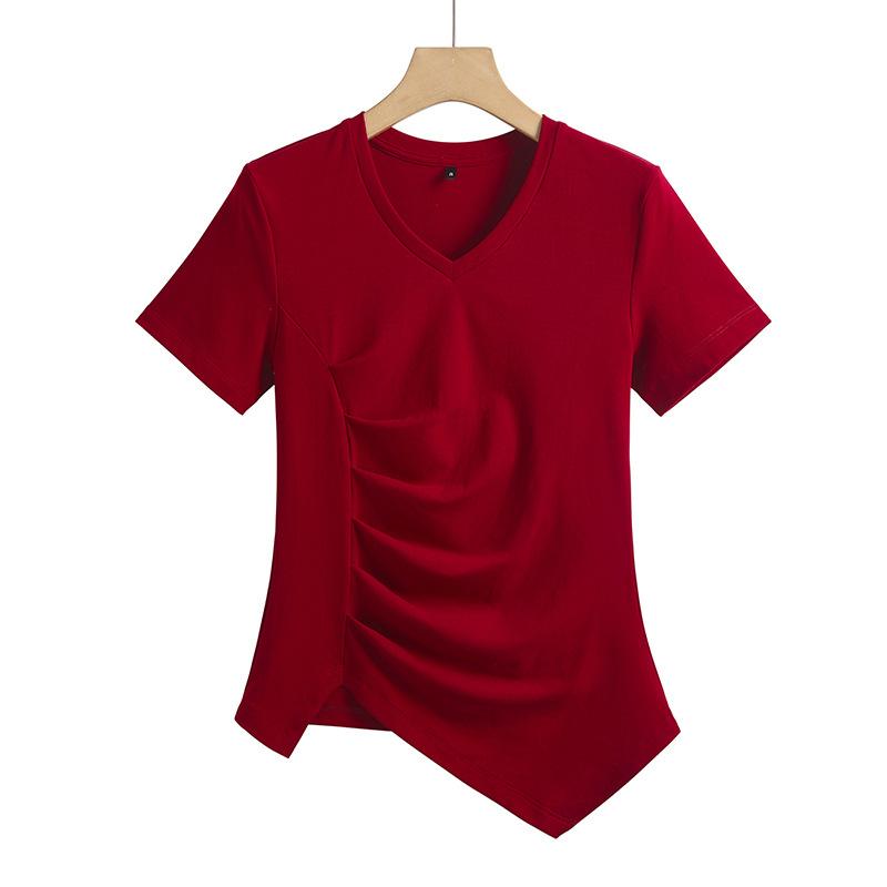 

Тонкая эластичная хлопковая удобная женская футболка с v-образным вырезом и неравномерным краем, с короткими рукавами, хлопковая 3XL бордовый