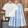 Girls' Fashionable Outfit - Summer Children's Bow-front Short-sleeved Top, Short-sleeved T-shirt, Casual Striped Skirt Set