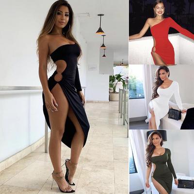 Frauen Schlank Atmungsaktiv Engen Rock Mode Nähen Einfarbig Eine Schulter Aushöhlen Sexy Kleid