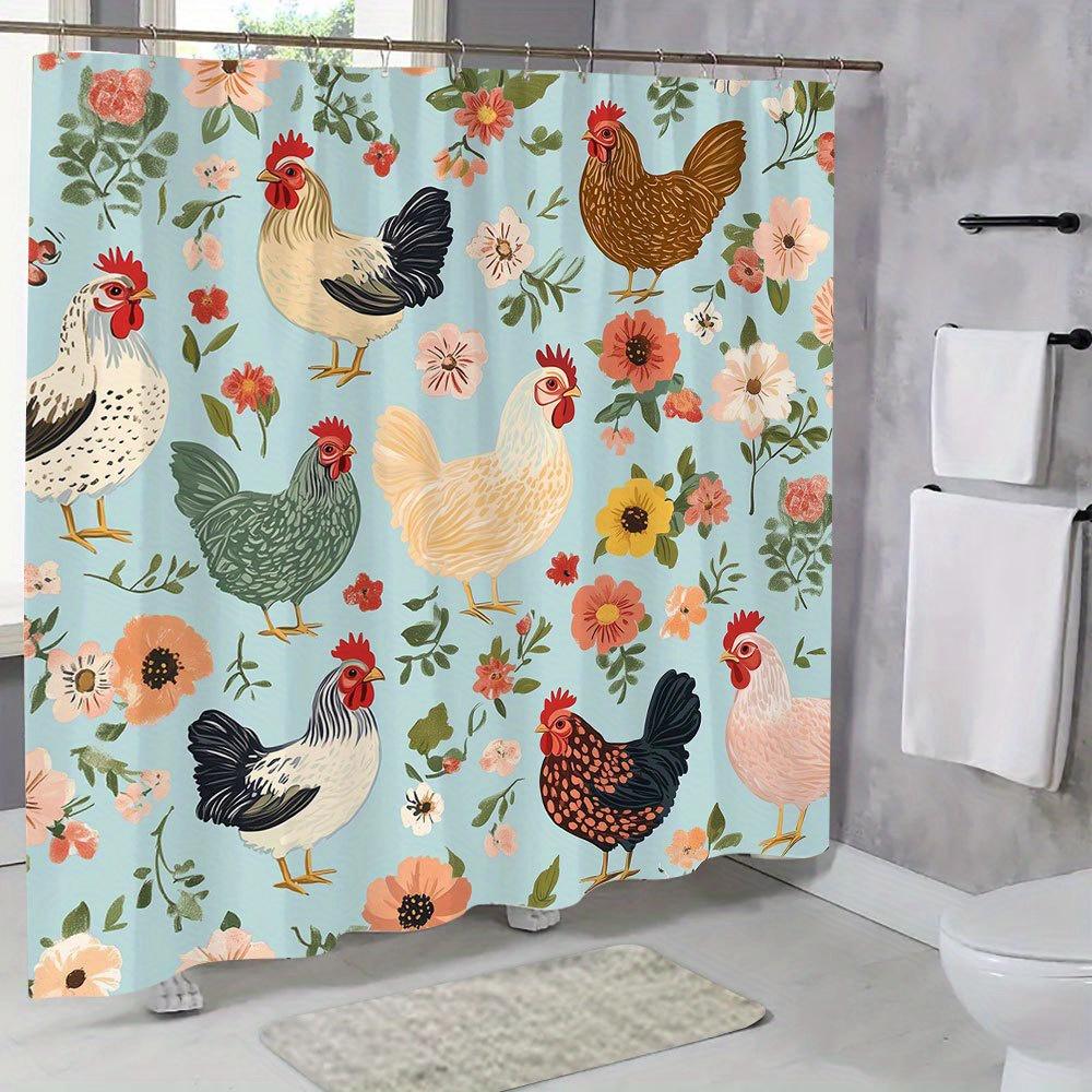 Charming Chicken & Floral Print Waterproof Shower Curtain For Bathroom,Rustic Farmhouse Design High-End Toilet Partition Curtain