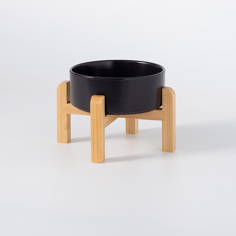 Ceramic Pet Food Bowl with Elevated Bamboo Stand - Anti-Tip Design for Dogs and Cats, Protects Cervical Spine