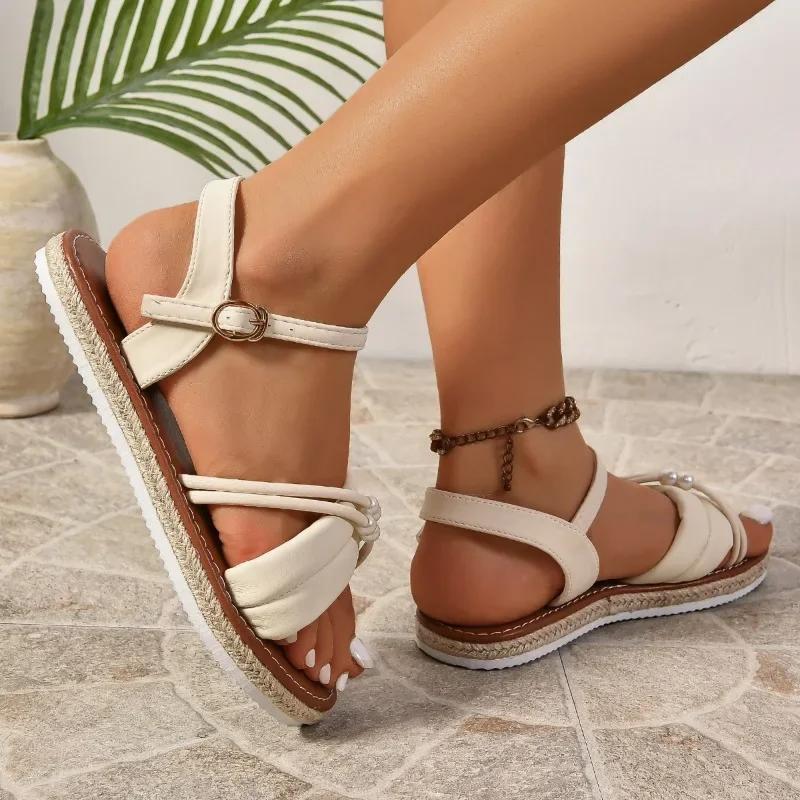 Fashion Women's Shoes 2024 Brand Buckle Strap Women's Sandals Fashion String Bead Casual Sandals Women New Solid Plus Size Flat Sandals