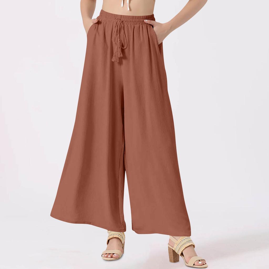 Damenhose mit weitem Bein, einfarbig, fließend, Boho-Stil, mit Kordelzug und hoher Taille