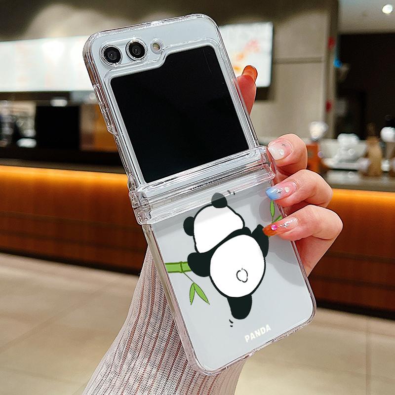 For Samsung Galaxy Z Flip6 Flip5 Flip4 Flip3 Shockproof Cartoon Panda Patterned 3PCS Foldable Hard Pc Clear Case Cover