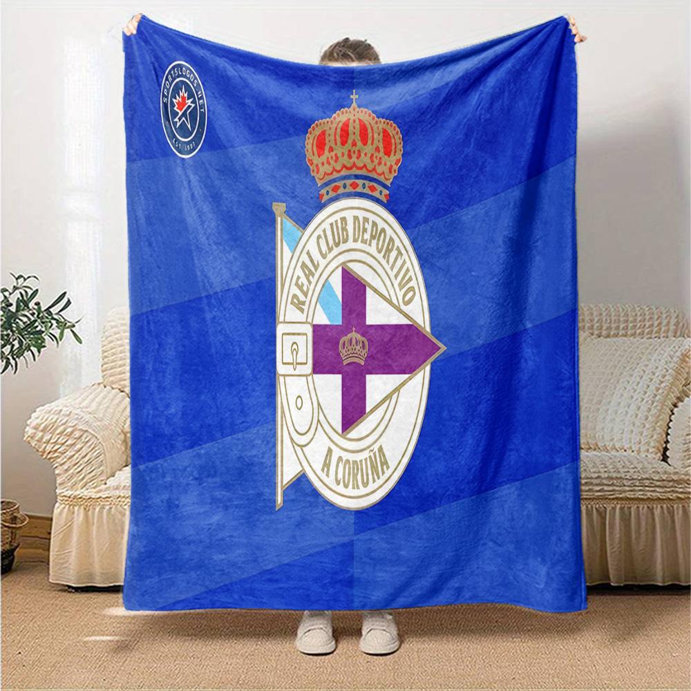 Deportivo A Coruna Crest Flannel Blanket, Soft Polyester, Modern Design, All-Season for Camping, Travel, Gifts for holidays or birthdays