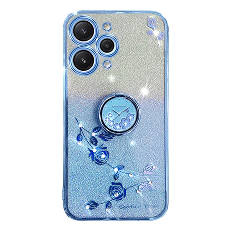 

KADEM For Xiaomi Redmi 12 5G (Global)/Note 12R 5G/Poco M6 Pro 5G Cellphone Case with Ring Kickstand Glitter Flower Pattern TPU Cover Blue