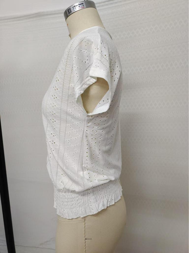 2025 Spring/Summer V-Neck Jacquard Cutout Ruched Short-Sleeve Women's Casual Fashion Top