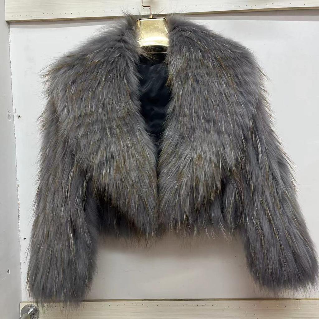 Real Raccoon Fur Coat Quilted Braided Large Lapel Fur Coat High Waist Short Style Youthful Temperament Winter Top