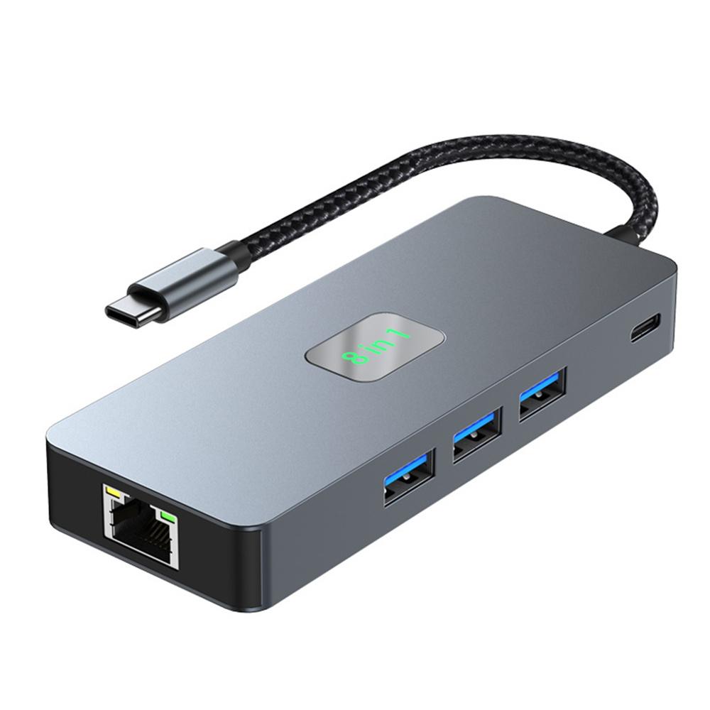 

2401 8-in-1 Type-C Hub Docking Station with Gigabit Ethernet,3x USB 3.0,2x HD,DP,PD 100W Port As Shown A