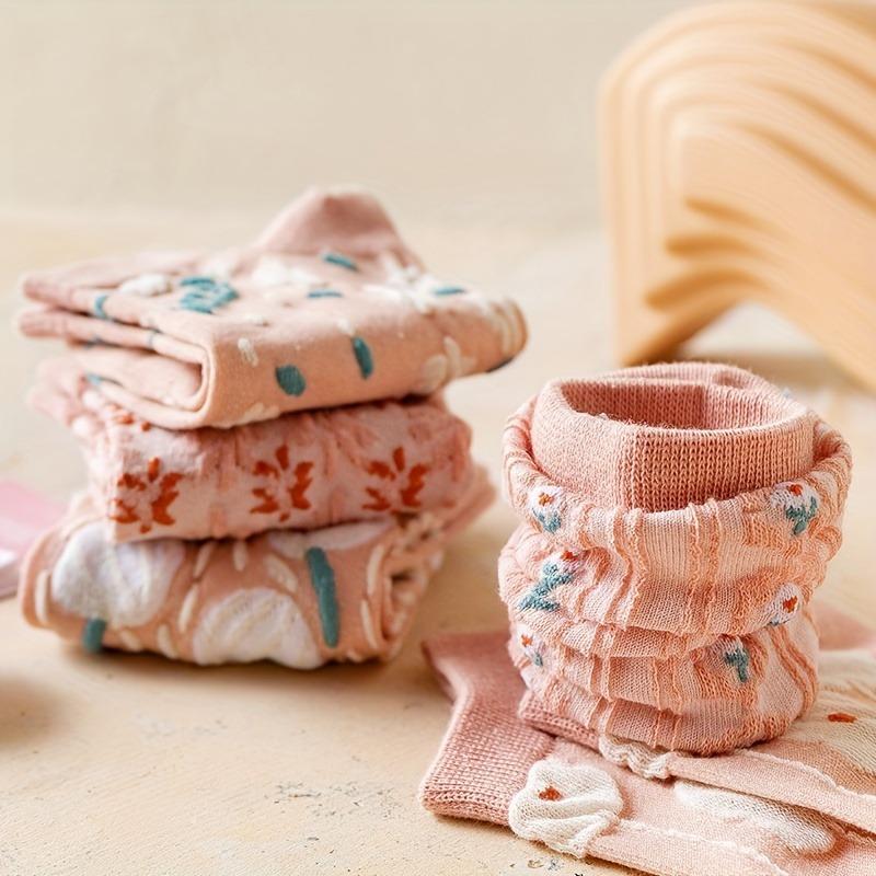 5 párů Kawaii roztomilých květinových 3D texturovaných kotníkových ponožek - Tenké ponožky nízkého střihu ve vintage stylu pro ženy