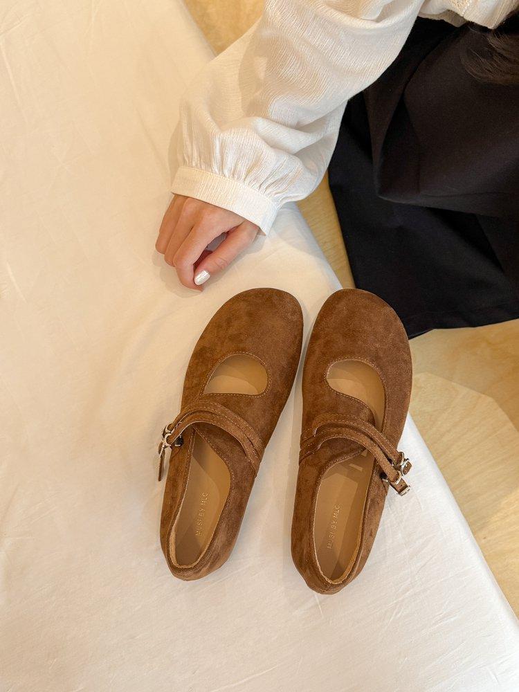 

Retro Mori literary and artistic style frosted leather Mary Jane shoes one-word buckle with shallow mouth round head flat-bottomed ballet single s 40 коричневый