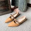 Fashion 2025 New Women's Leather Metal Buckle Sweet Bowtie Pointed Toe Slip-on Mary Jane Pumps Elegant Ladies Square Heeled Shoes