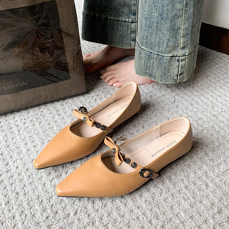 Fashion 2025 New Women's Leather Metal Buckle Sweet Bowtie Pointed Toe Slip-on Mary Jane Pumps Elegant Ladies Square Heeled Shoes