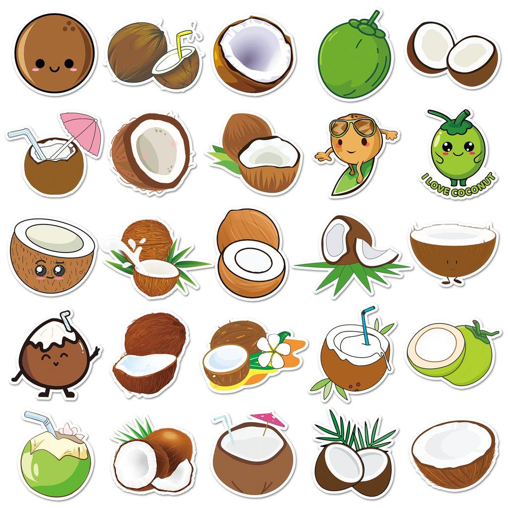 Coconut Doodle Cartoon Fruit Sticker Set: 50 Waterproof Sheets for Journals, Phone Cases, Luggage
