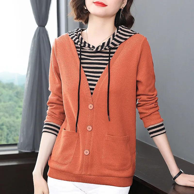 Kapşonlu kazak kadın sonbahar ve kış yanlış iki adet çizgili uzun kollu tişört büyük metre dip gömlek rahat kazak üstleri