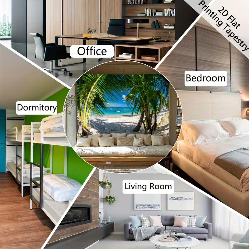 2D Tropical Beach Tapestry Palm Tree Ocean Wall Hanging, Large Size Wall Decor for Bedroom