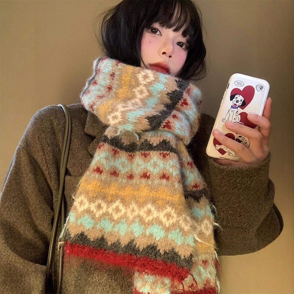 Fair Island Wind Knitted Scarf Women's Autumn and Winter Advanced Sense of Contrasting Colors Thickened Warm Korean Atmosphere Scarf Student