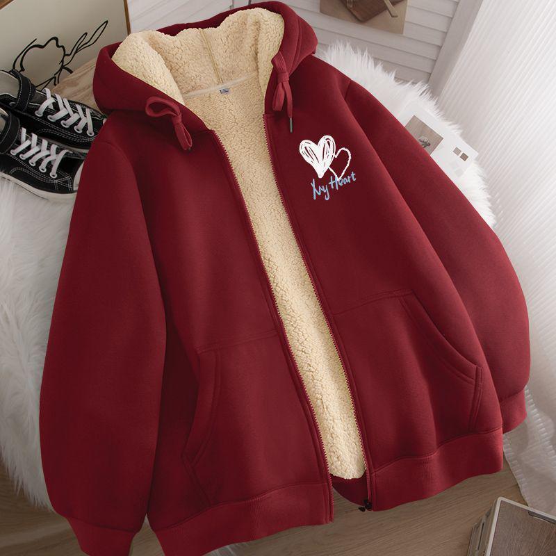 Unisex Hooded Zip-Up Fleece-Lined Cardigan - Warm Winter Lamb Wool Jacket (Apricot)