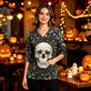 Women's Casual Halloween Print Uniform Top with V-Neck, Pockets and Side Slit, Three-Quarter Sleeve